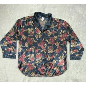 Simple Pleasures Pajama Top Women 1X Black Satin Floral Paisley Cotton Button Up